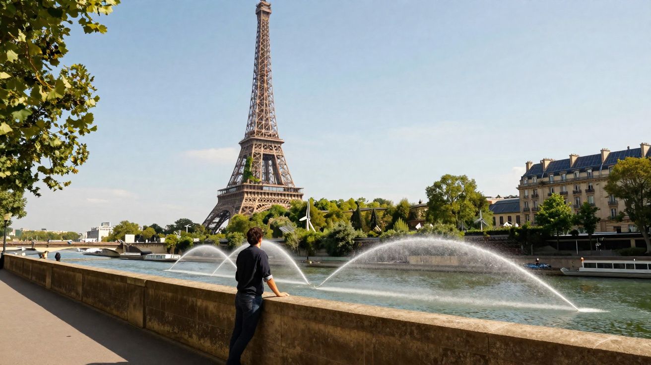 Pessoa observando a Torre Eiffel ao lado do Rio Sena com fontes de água e árvores ao fundo em Paris.