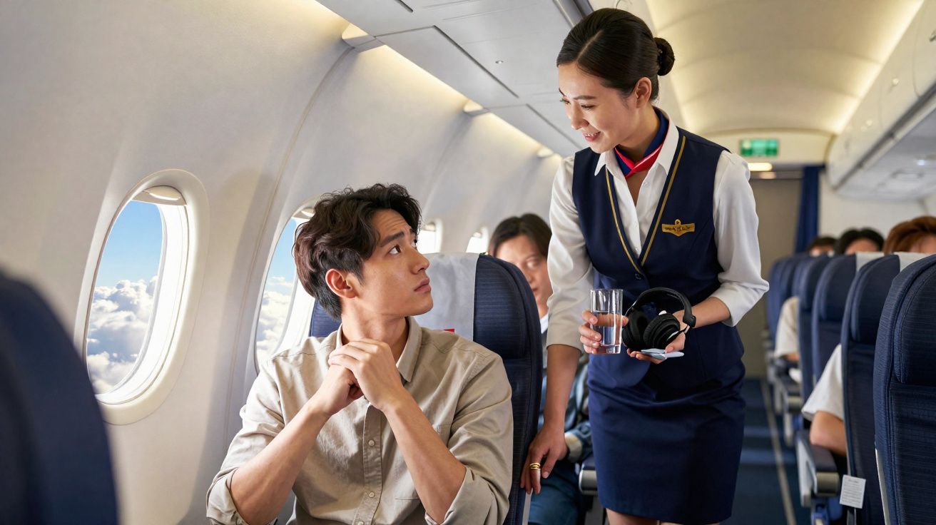Comissária de bordo entregando copo d'água para passageiro masculino em avião durante voo.