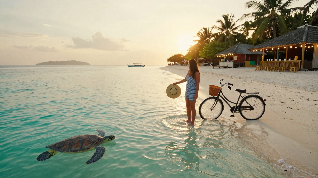 Mulher na praia ao pôr do sol observa tartaruga marinha próxima à beira da água com bicicleta parada na areia.