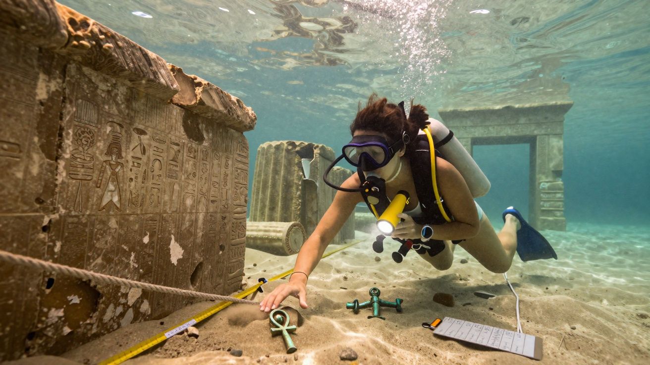 Mergulhadora explorando ruínas submersas com inscrições egípcias e artefatos no fundo do mar.