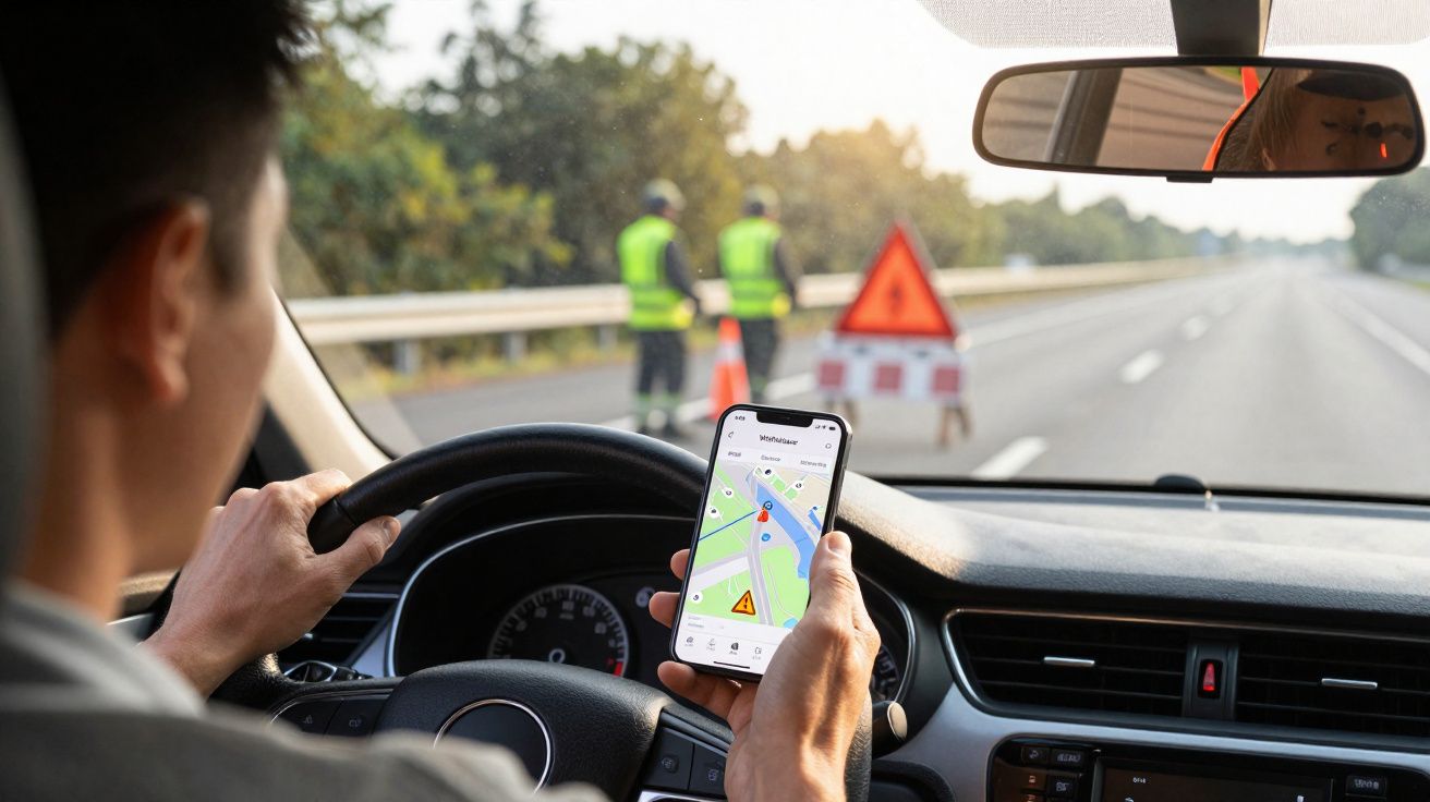 Motorista segurando celular com mapa, vendo alerta de trânsito enquanto dois trabalhadores sinalizam na estrada.