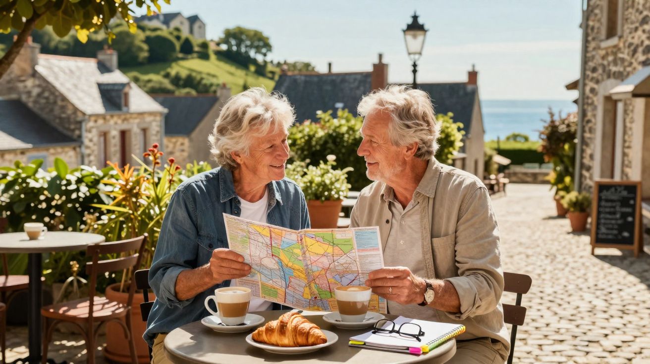 Casal de idosos sentado em cafeteria ao ar livre, olhando um mapa com café e croissant na mesa.