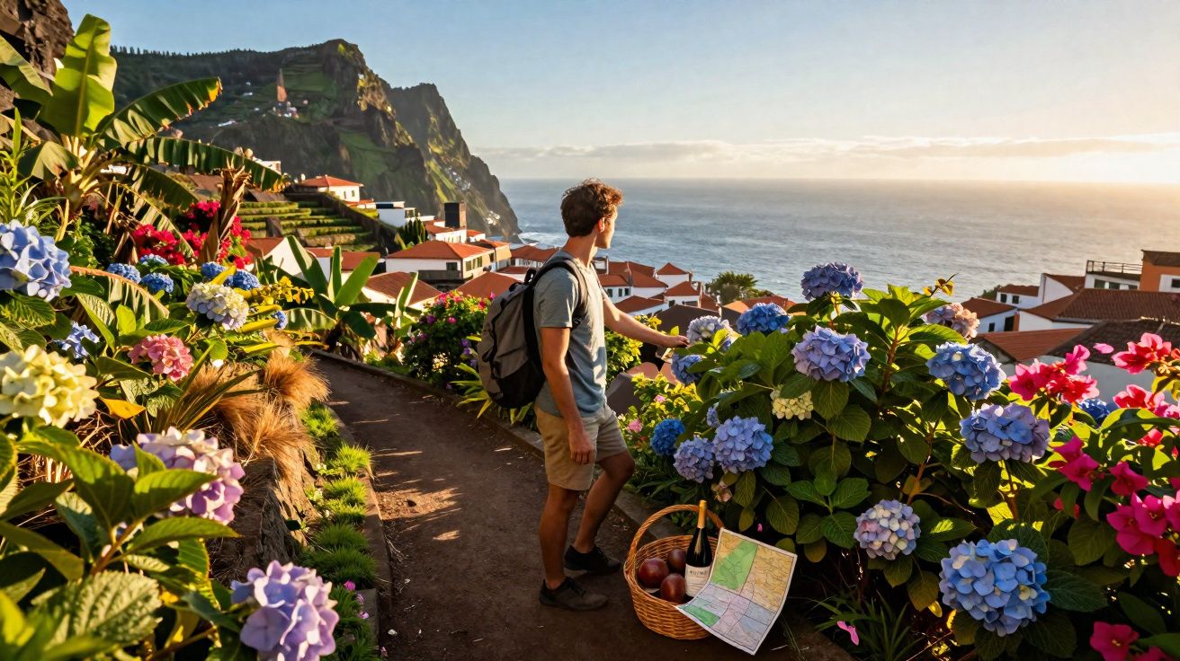 Homem com mochila observa paisagem com mar, casas e flores coloridas em trilha no pôr do sol.