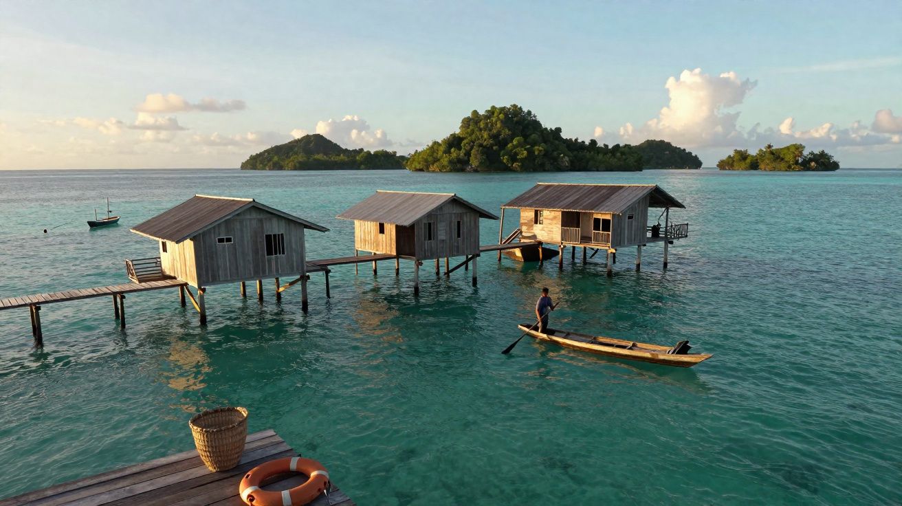Casas de madeira sobre palafitas em água azul com pessoa remando em canoa e ilhas ao fundo.
