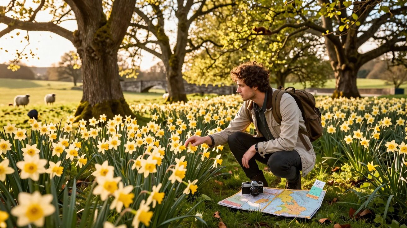 Homem agachado observa flores amarelas em campo com árvores, ovelhas, câmera e mapa no chão.
