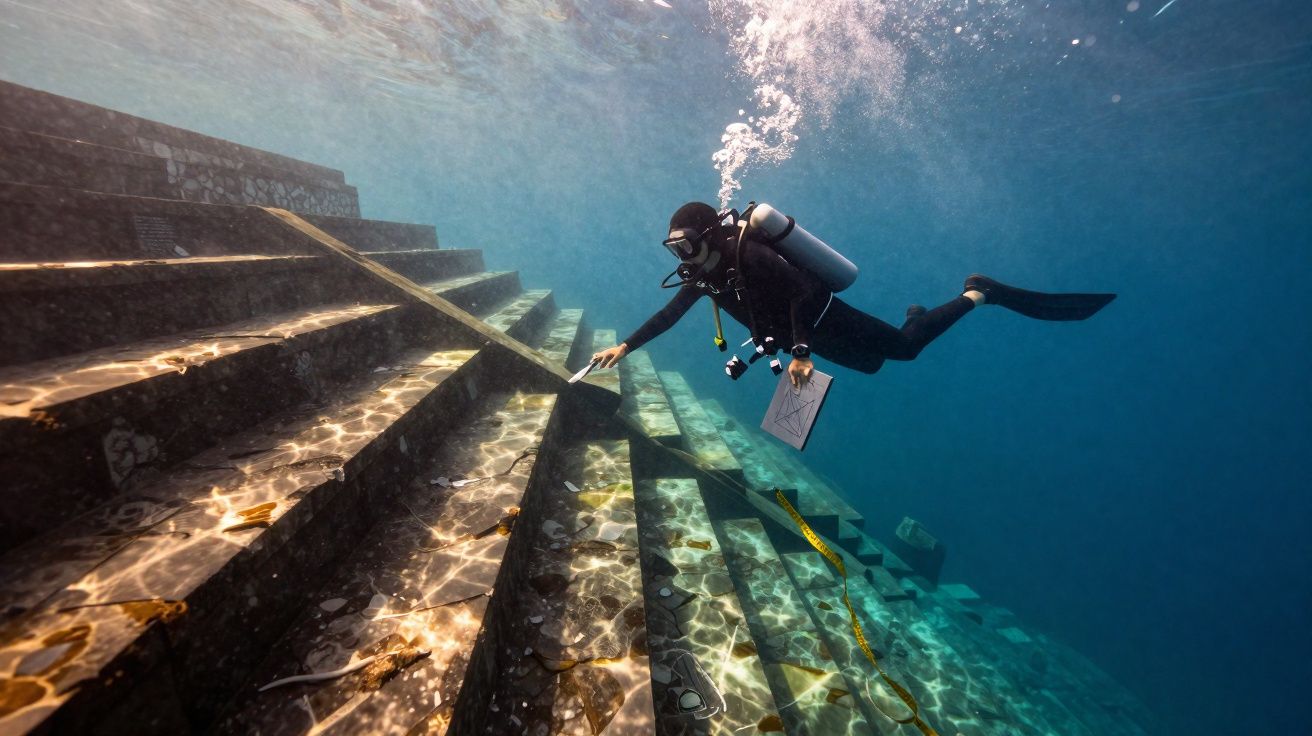 Mergulhador vestido com equipamento completo examina degraus submersos em águas claras, segurando prancheta e fita métrica.