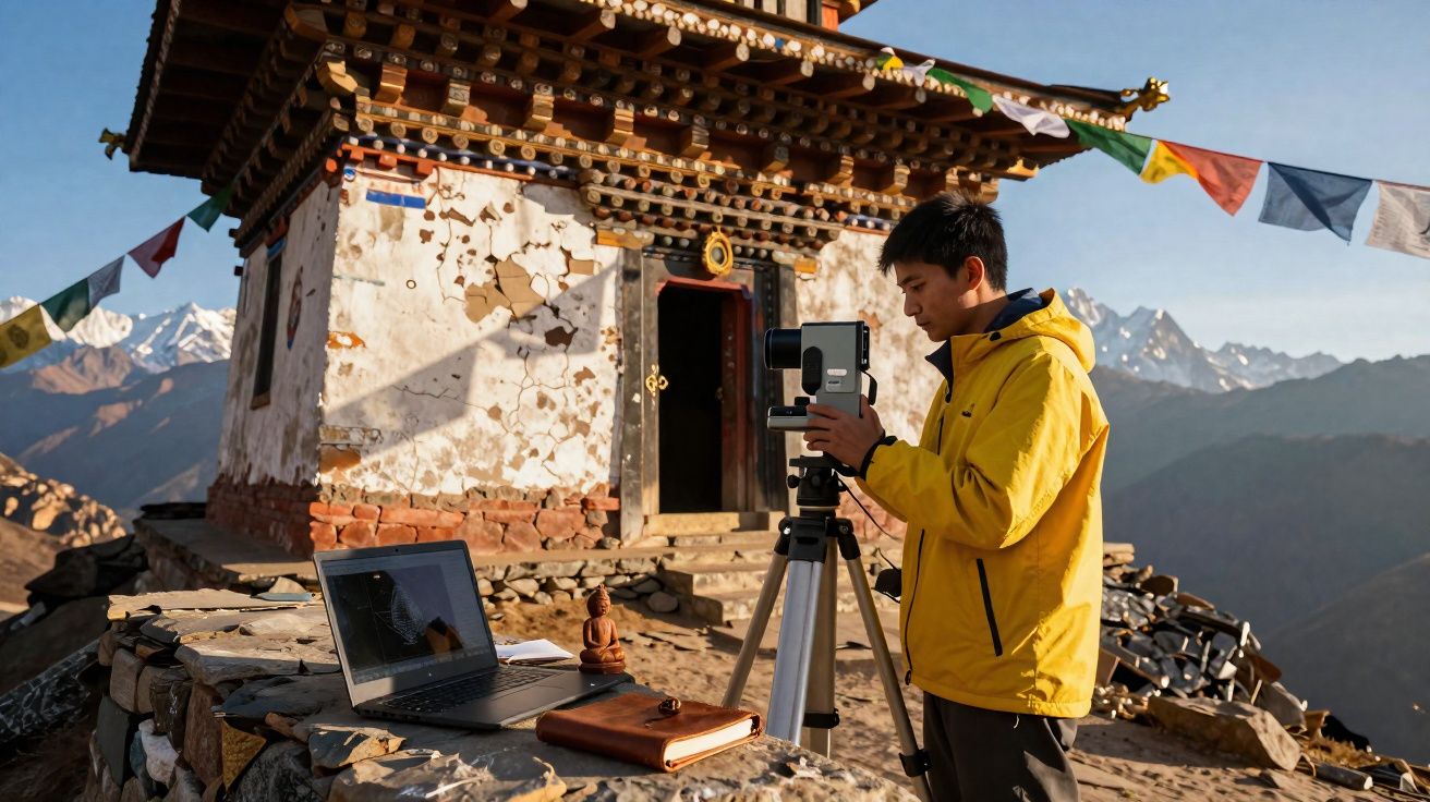 Pessoa com jaqueta amarela usando equipamento fotográfico próximo a laptop e templo em montanha com bandeiras coloridas.