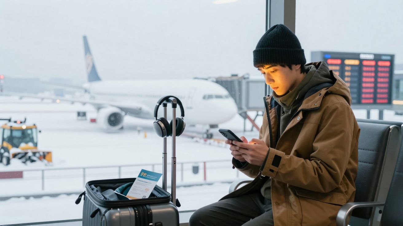 Jovem com jaqueta marrom e gorro preto usa celular sentado em aeroporto com avião ao fundo.