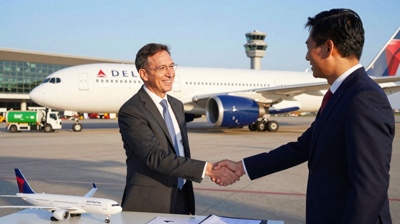 Dois homens de negócios apertam as mãos em frente a avião da Delta no aeroporto durante reunião.
