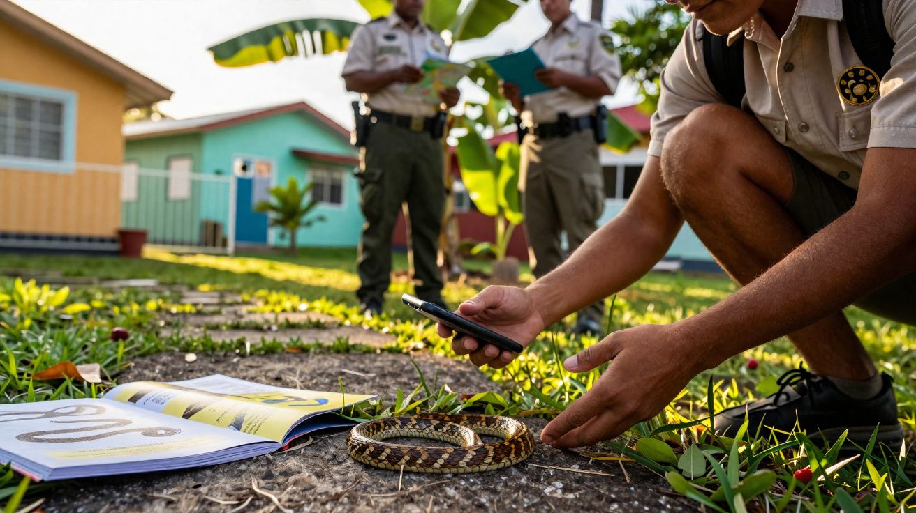 Agente ambiental registra cobra no chão com celular enquanto outros dois observam em área residencial.