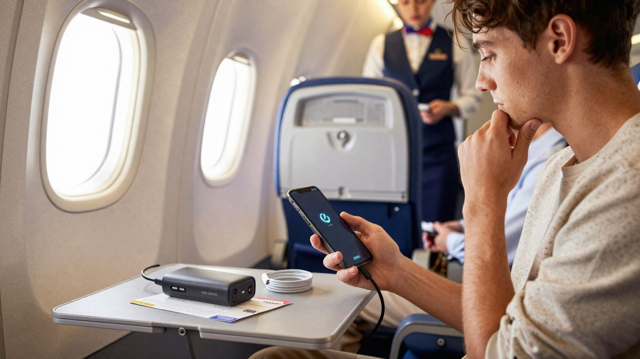 Homem usando celular conectado a power bank na mesa de avião com comissária ao fundo.