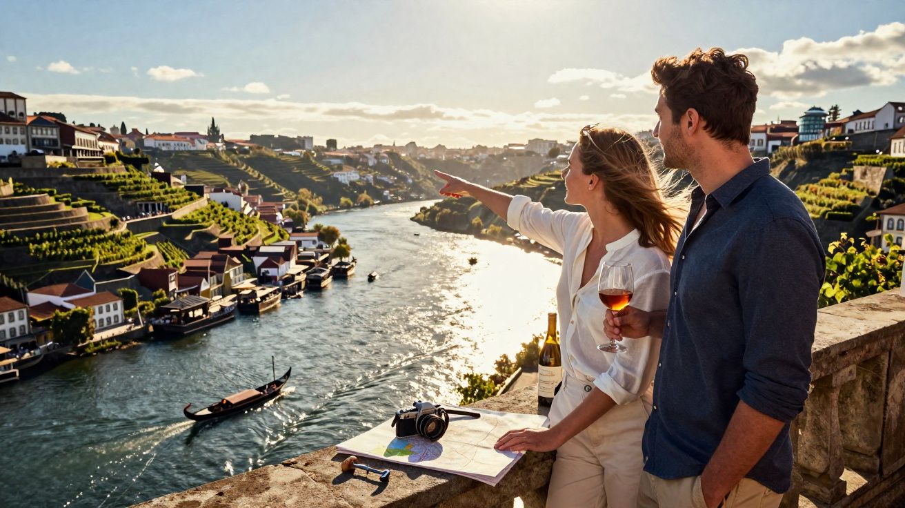 Casal apreciando a vista do rio e vinhedos ao pôr do sol, com taças de vinho e mapa na parede.