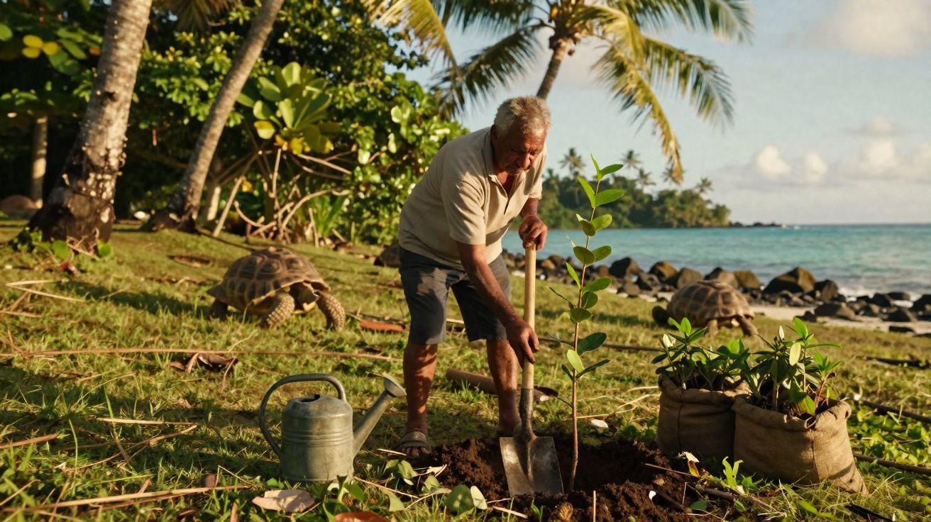 Homem idoso planta árvore na praia cercado por tartarugas gigantes e vegetação tropical.