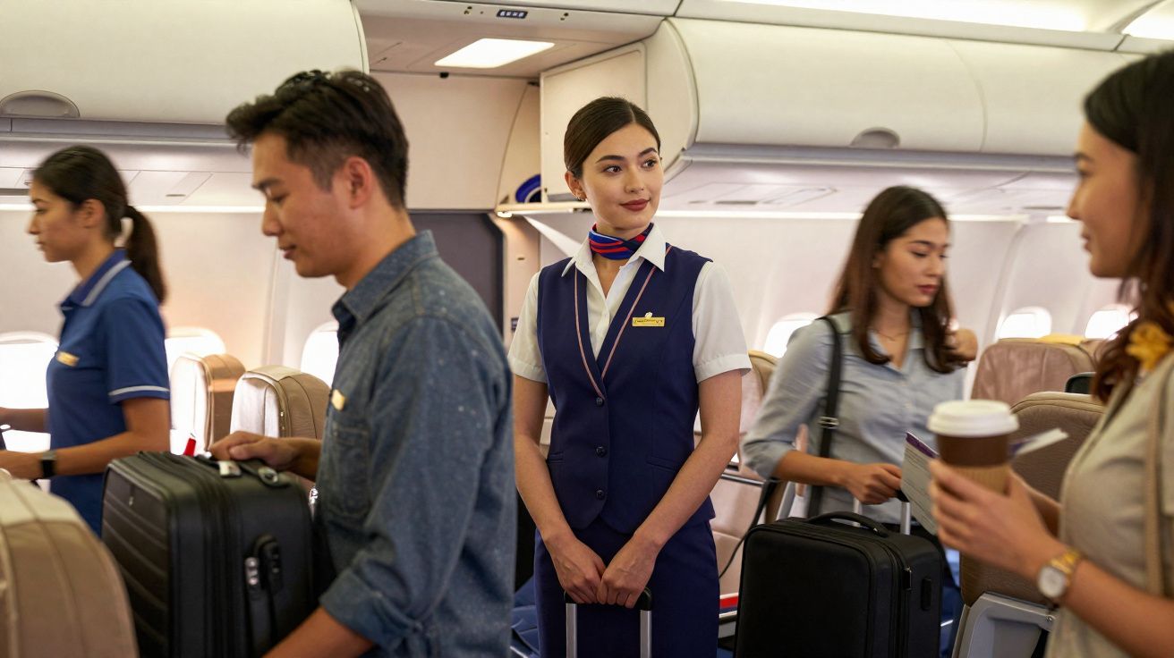 Comissária de bordo observa passageiros arrumando bagagens em cabine de avião.