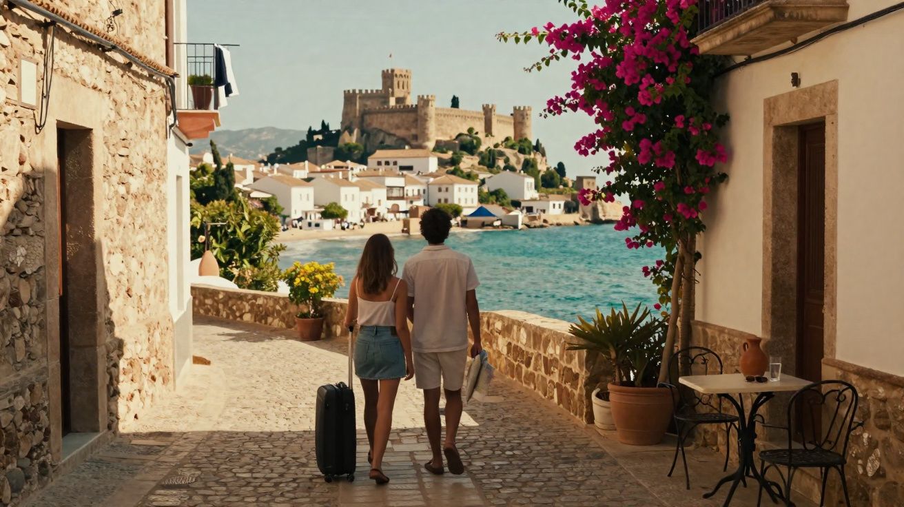 Casal caminhando por rua de pedra perto do mar em vila pitoresca com castelo ao fundo e flores cor de rosa.
