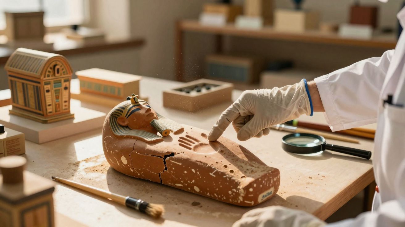 Restaurador de arte com luvas manuseia sarcófago egípcio antigo em laboratório de restauração.