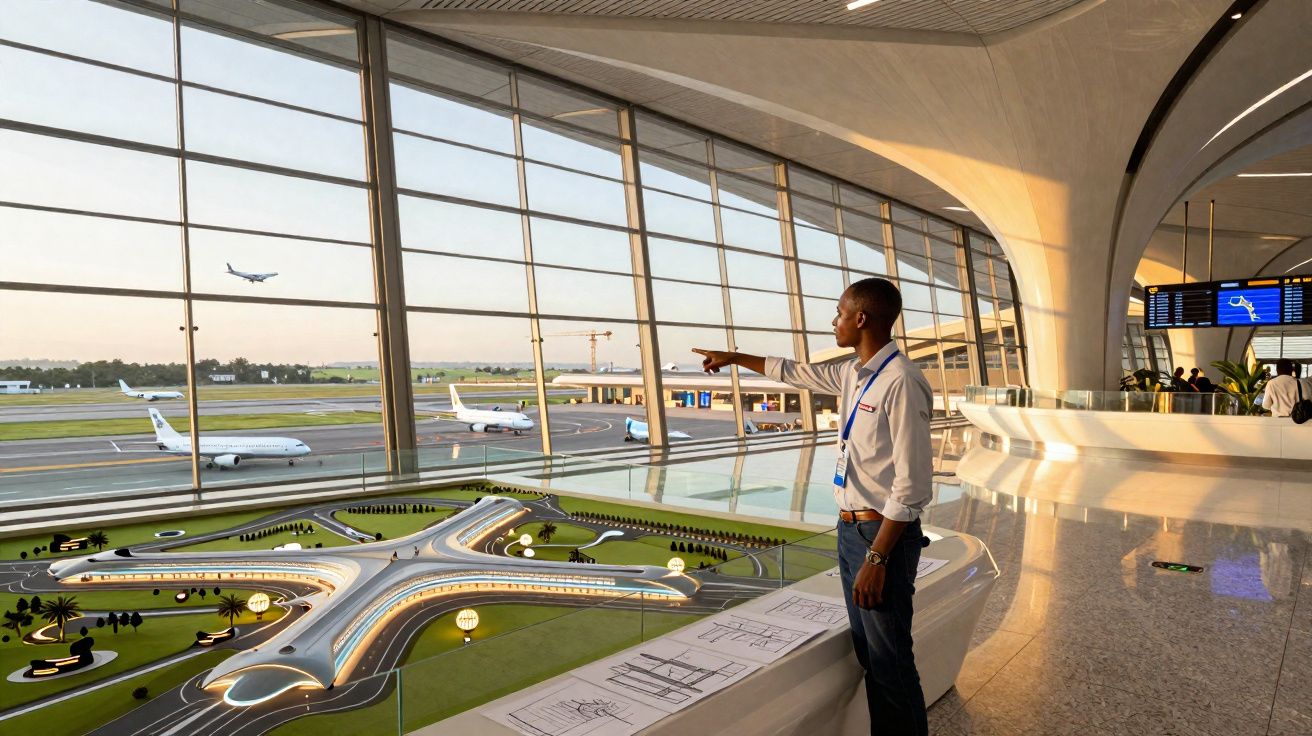 Homem observando maquete iluminada do aeroporto dentro do terminal com janelas grandes e aviões na pista.