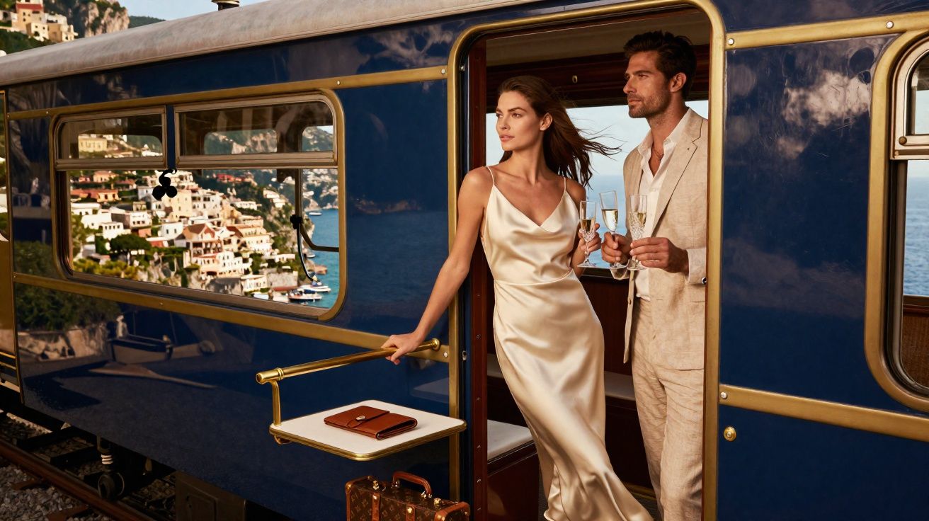 Casal elegante com taças de champanhe entrando em um trem azul com vista para cidade litorânea.