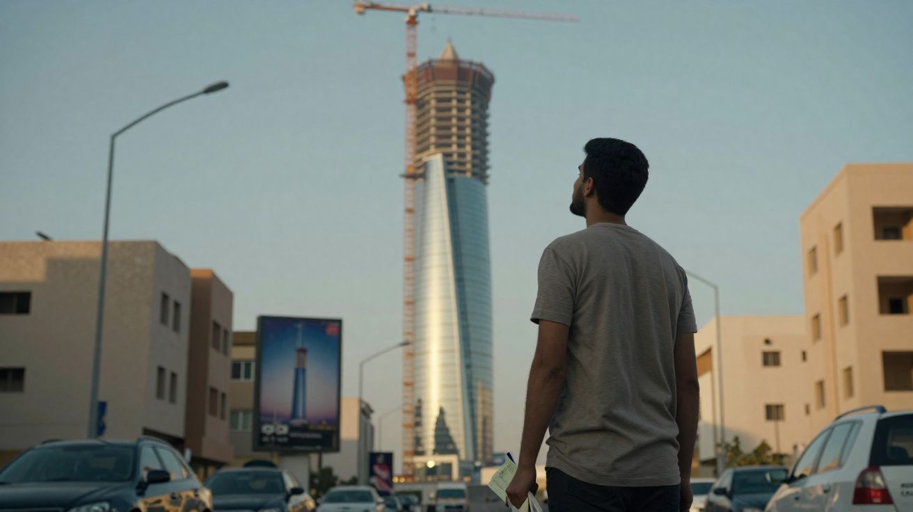 Homem de camiseta cinza observa arranha-céu moderno em construção em rua movimentada ao entardecer.