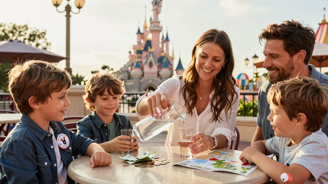 Família sorridente sentada ao redor de mesa em parque temático com castelo ao fundo, mãe servindo água.