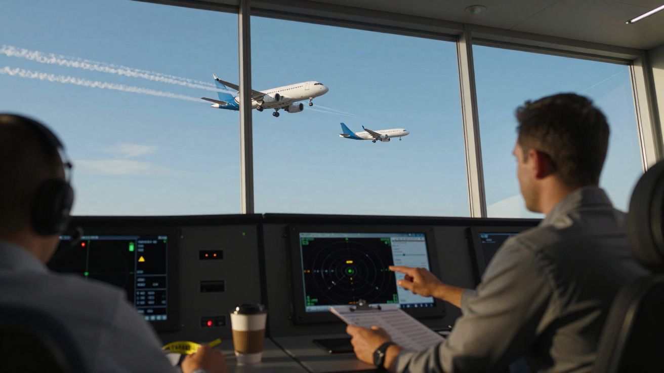 Dois controladores de tráfego aéreo observam aviões decolando do aeroporto pela janela.