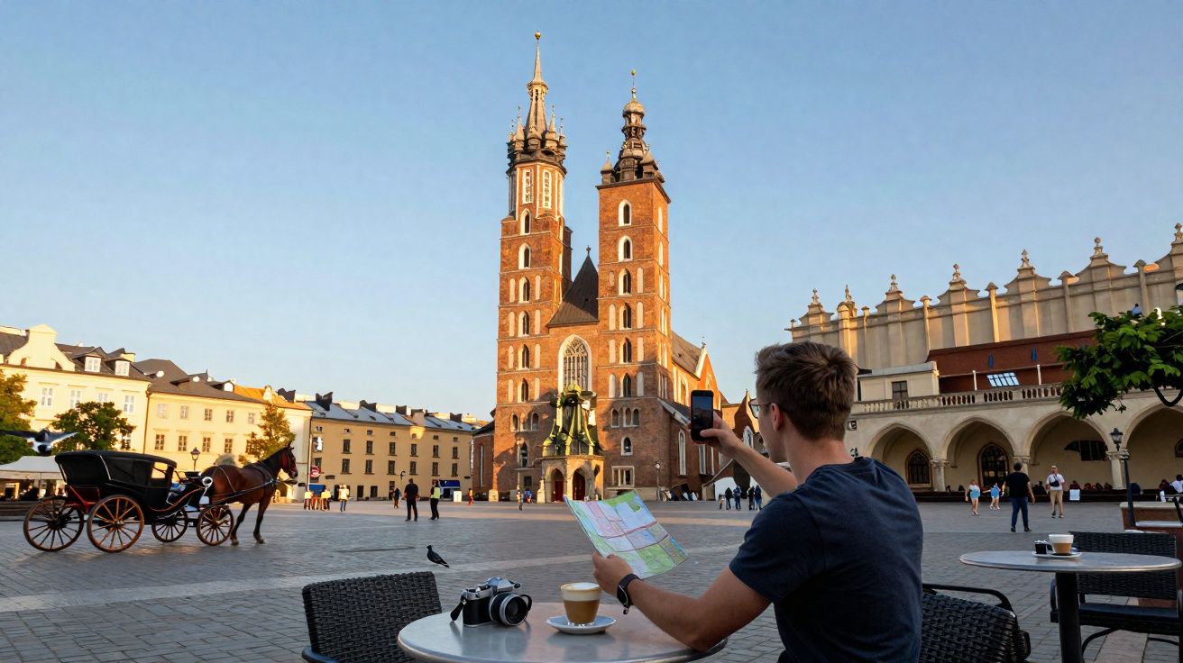 Turista sentado em café tira foto da Basílica de Santa Maria na praça principal de Cracóvia, Polônia.