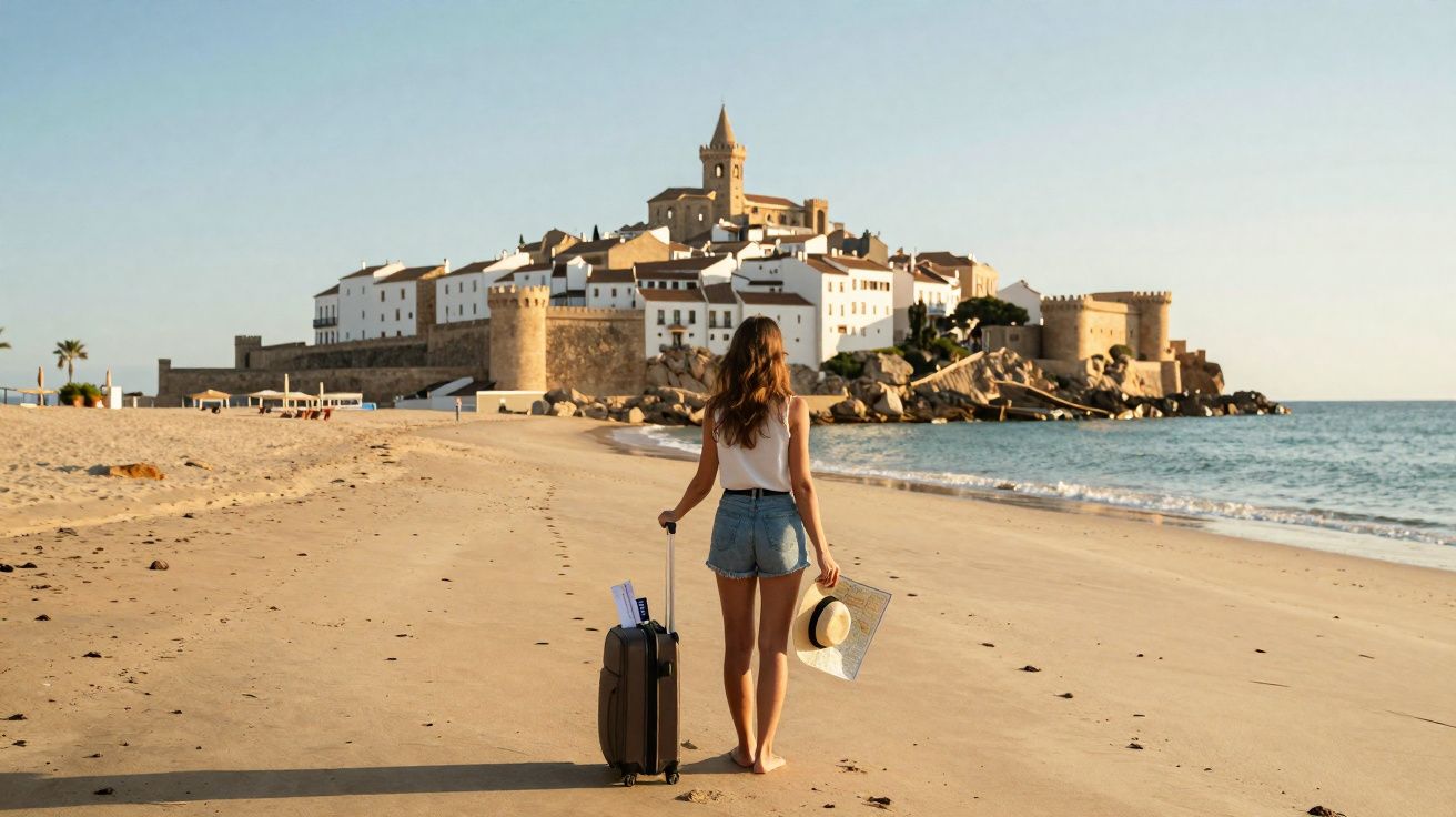 Mulher de costas caminhando na praia com mala e chapéu, em direção a vila histórica à beira-mar.