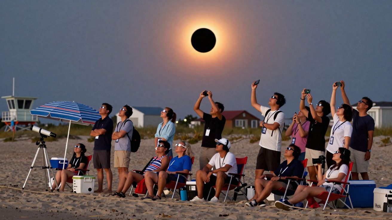 Grupo de pessoas na praia observando eclipse solar total, usando óculos especiais e celulares.