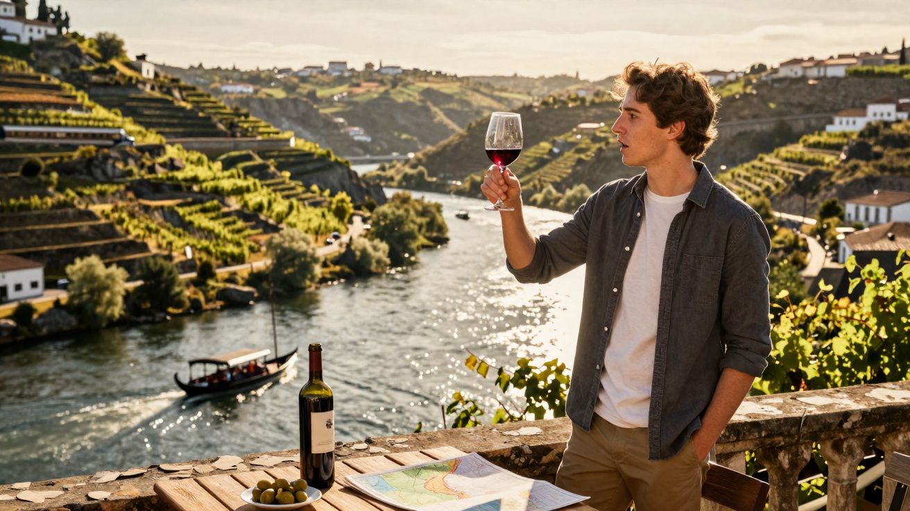 Homem avalia taça de vinho tinto à beira de rio com vinhedos em encostas ao pôr do sol.