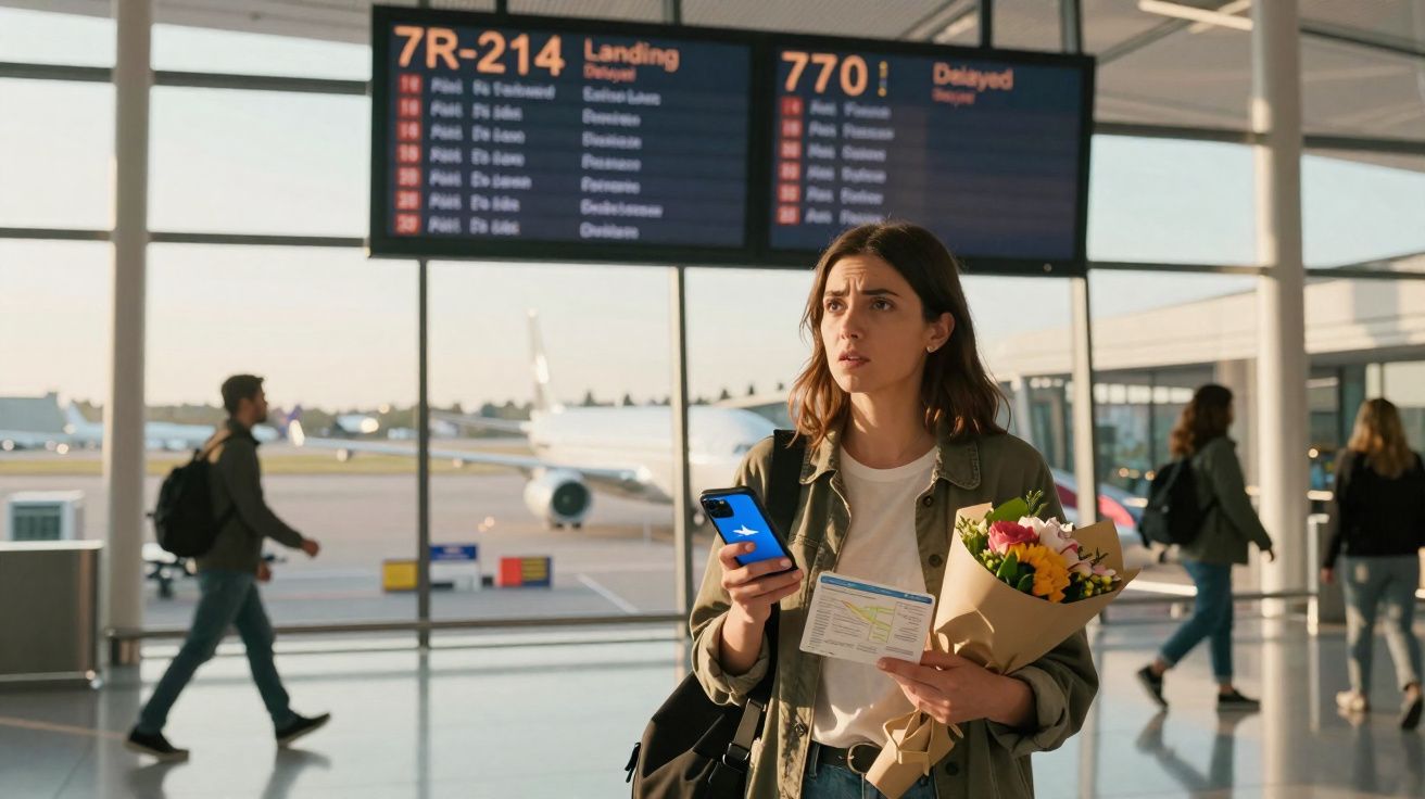 Mulher parada no aeroporto com celular, bilhete e buquê de flores, olhando para o painel de voos.