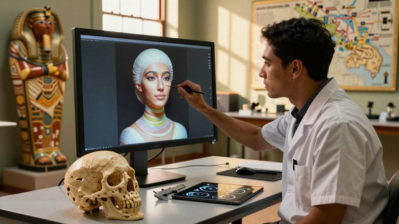 Homem analisando reconstrução facial digital de múmia em laboratório com crânio e estátua egípcia ao fundo.