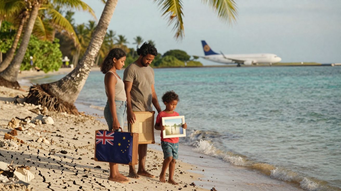 Família na praia com malas e quadro, avião pousando ao fundo em cenário tropical.