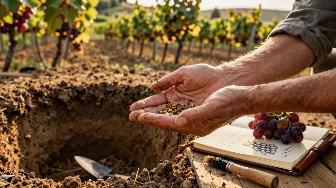 Mãos segurando sementes de uva em solo de vinhedo, com caderno de anotações, pincel e cacho de uvas ao lado.
