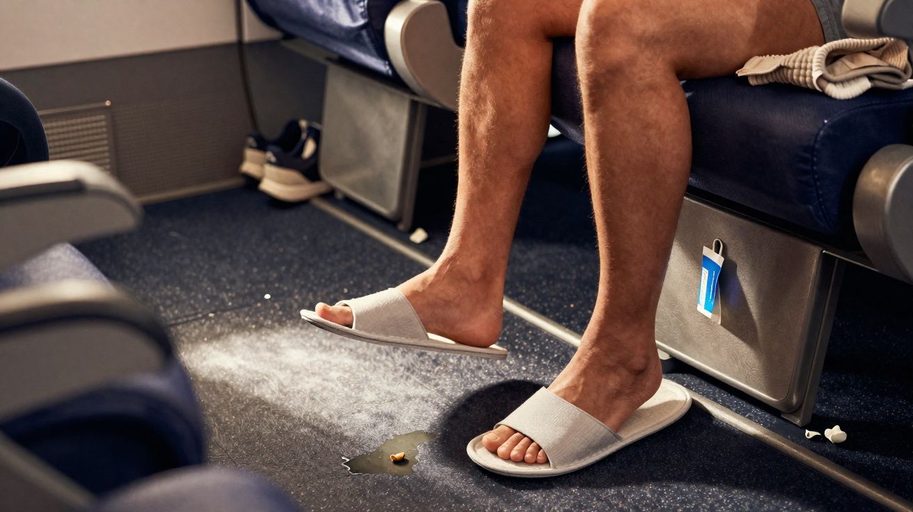 Pés de pessoa com chinelos brancos perto de líquido derramado no chão de um transporte público.