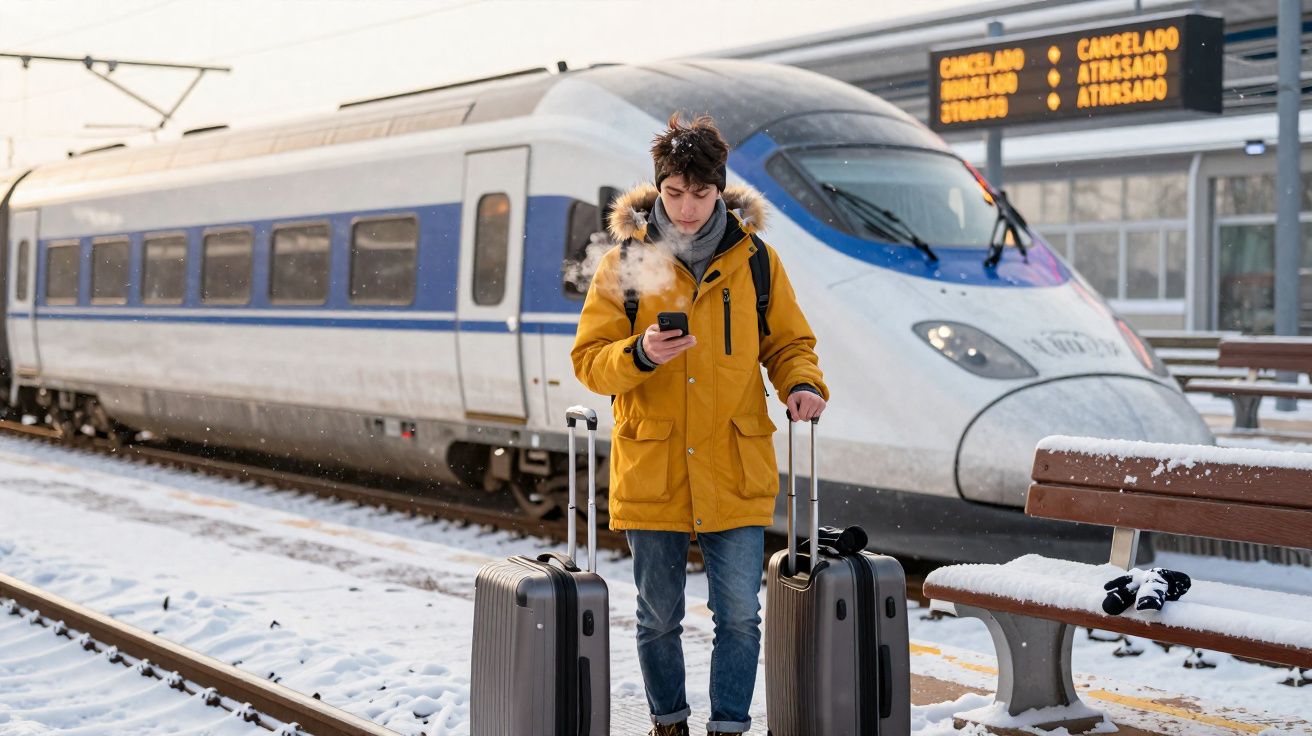 Jovem com casaco amarelo e duas malas espera no trem coberto de neve com painel mostrando trens atrasados e cancelados.