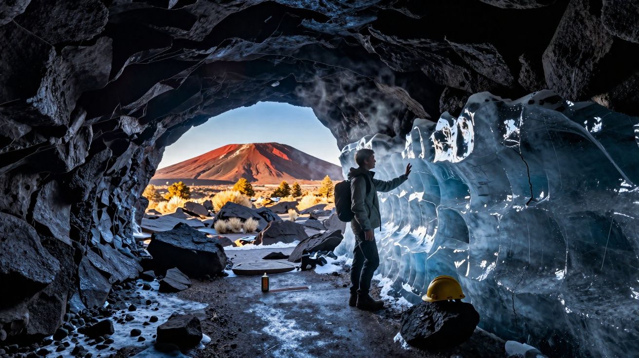 Pessoa com mochila dentro de caverna de gelo tocando parede congelada, com vulcão ao fundo iluminado pelo sol.