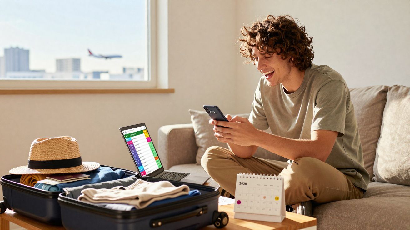 Homem sentado no sofá preparando mala para viagem com calendário e laptop aberto na mesa.