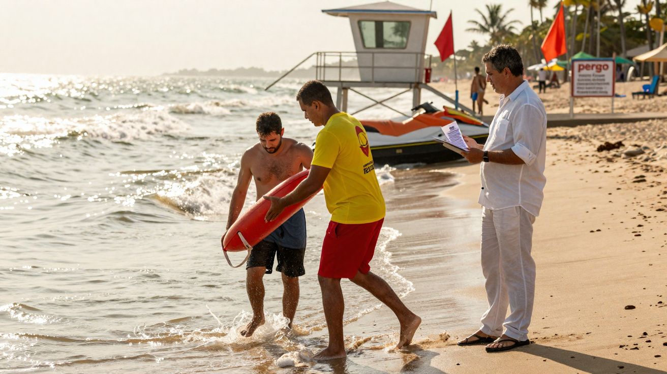Salvador e um banhista na praia com boia de resgate, homem com prancheta observa na areia.