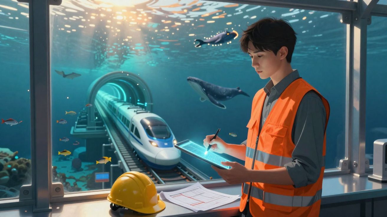 Engenheiro com colete refletivo analisa dados em tablet em sala com vista para trem submarino e vida marinha.