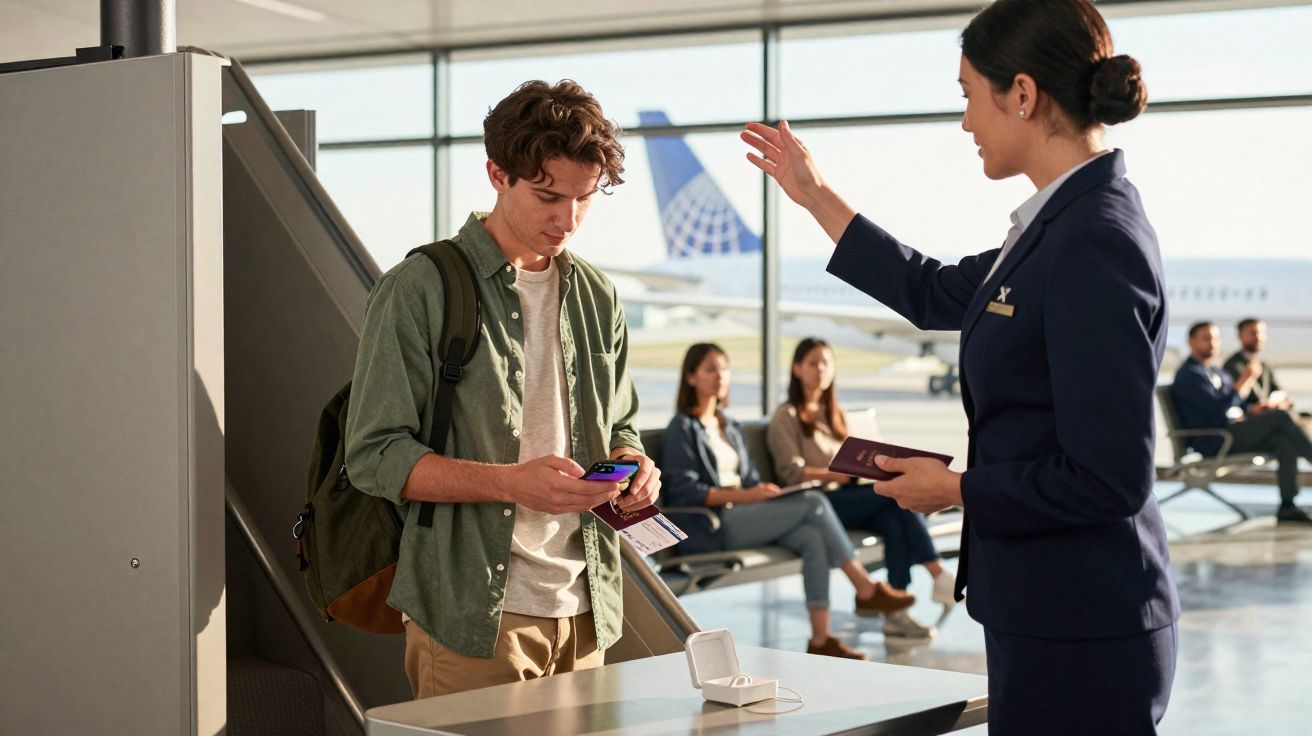 Passageiro jovem recebe instruções de funcionária ao apresentar documentos no controle de segurança do aeroporto.