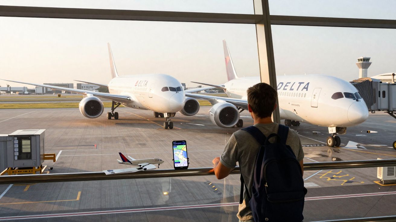Pessoa de costas observa dois aviões da Delta no portão do aeroporto ao entardecer.