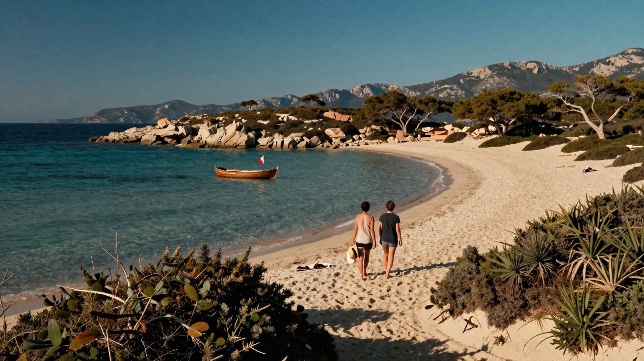 Duas pessoas caminham na areia da praia com barco flutuando próximo à costa e montanhas ao fundo.