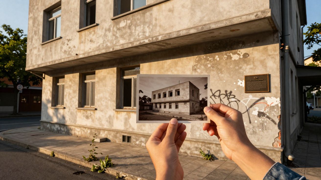 Mãos seguram foto antiga de prédio cinza em frente ao prédio original em uma rua urbana ao entardecer.