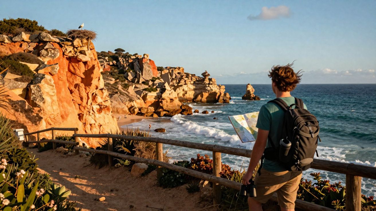 Homem com mochila e binóculo observa o mar e falésias ao pôr do sol em uma trilha costeira.