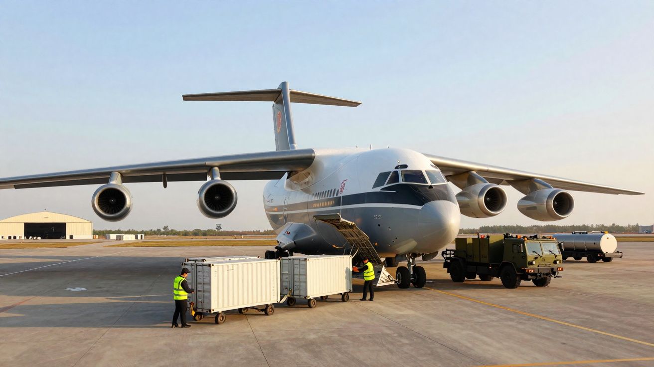 Avião cargueiro cinza sendo carregado por trabalhadores com containers em pista de aeroporto.