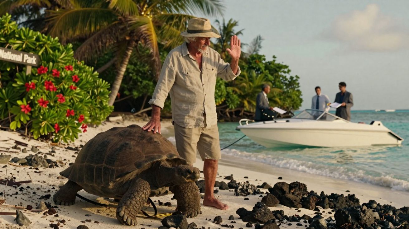 Homem com chapéu acaricia uma tartaruga gigante na praia, com barco e três homens ao fundo.