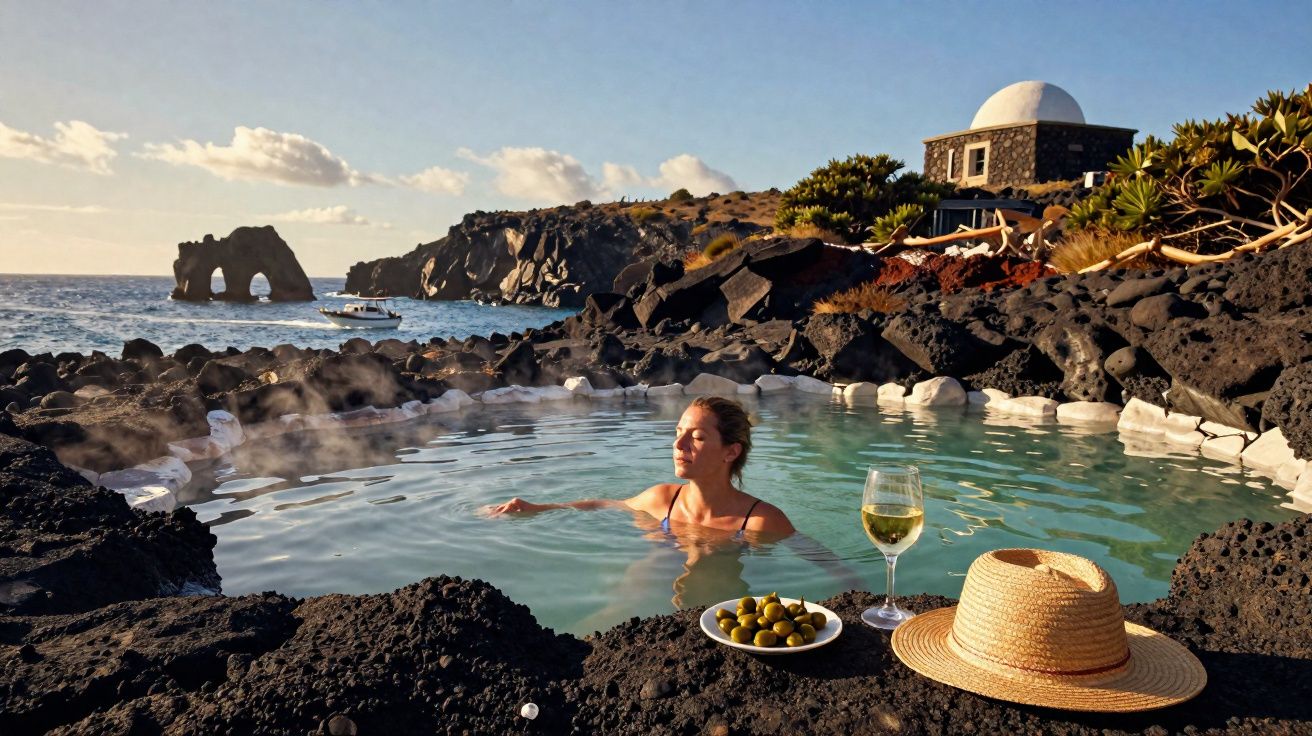 Mulher relaxa em piscina natural de pedra vulcânica com taça de vinho e petiscos ao pôr do sol à beira-mar.