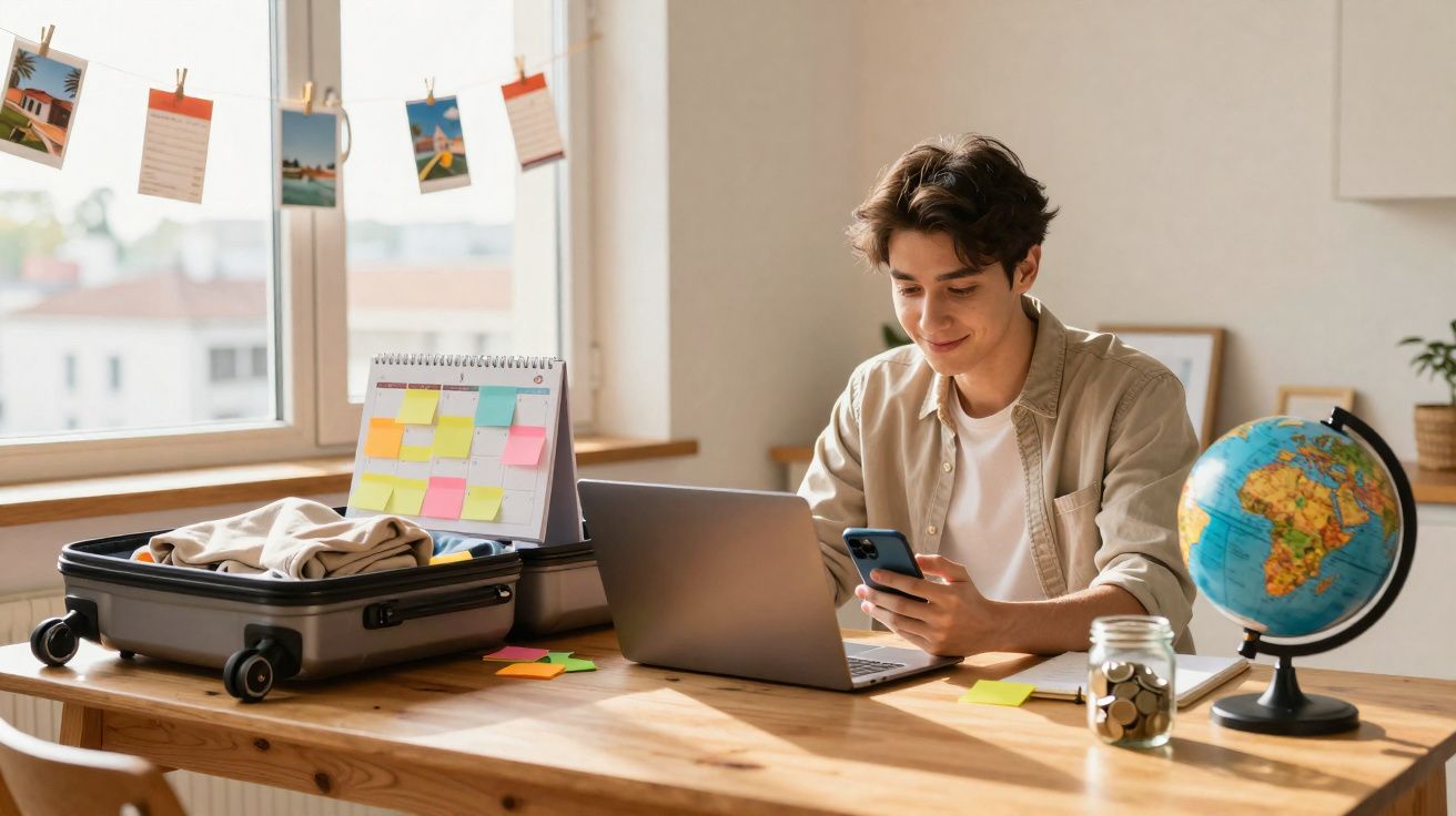 Jovem sentado à mesa com laptop, celular e mala aberta, planejando viagem com globo terrestre e calendário.