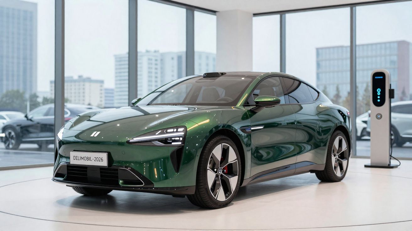 Carro elétrico verde Delimobil 2026 em exposição moderna com painel de carregamento ao lado.
