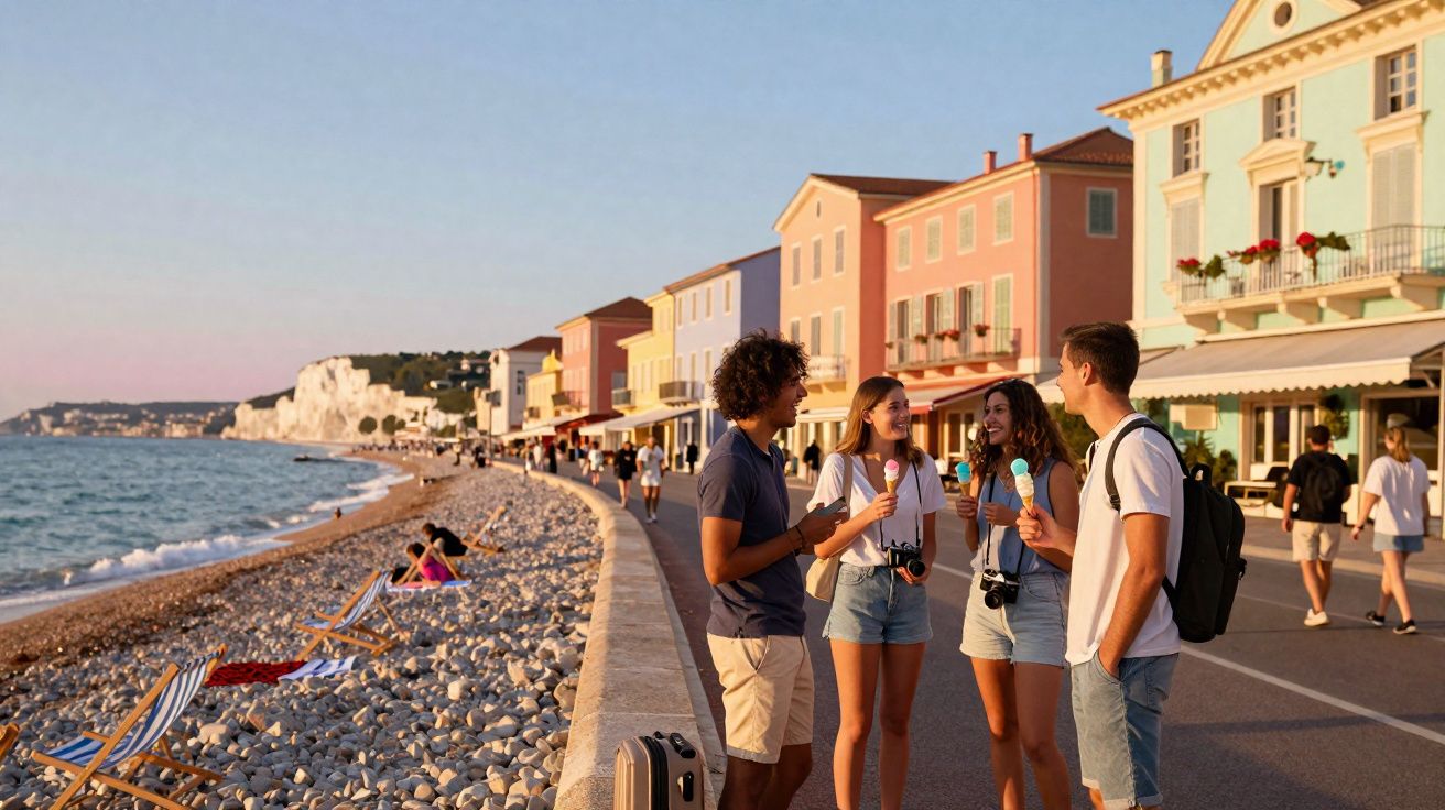 Grupo de jovens conversando e comendo sorvete à beira-mar em calçadão com casas coloridas ao fundo.